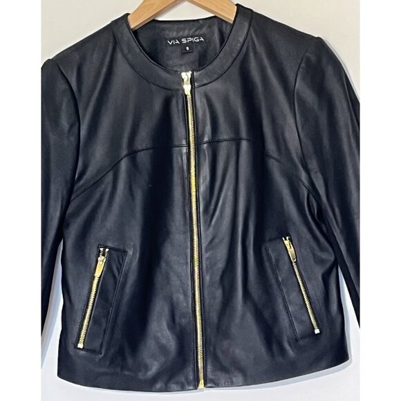 New Via Spiga Black Leather Stretch Fabric Combo Zip Moto Jacket - Picture 7 of 13